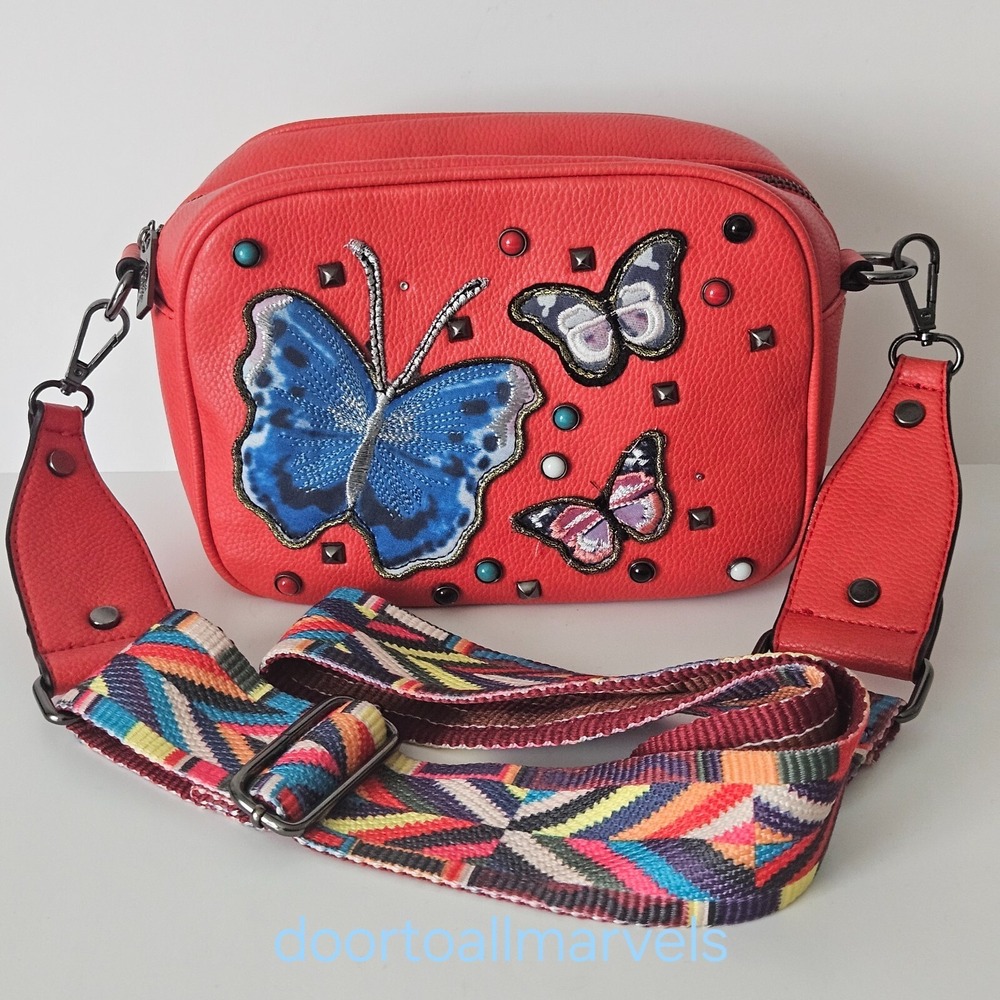 VERDE Crossbody 3D Butterflies & Beads  Bag Wide Adjustable Strap